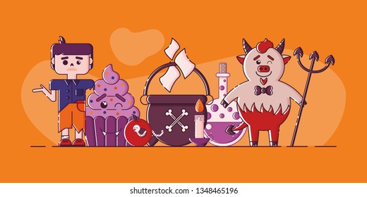 Cute horizontal Halloween banner with zombie, cupcake, apple with worm, cauldron, candle, flask and devil. Funny characters. Orange background. Flat linear style illustration. Vector.