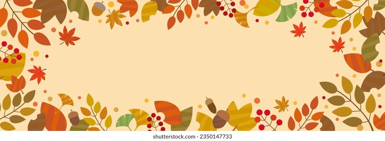 Cute horizontal long fall orange frame with lots of fallen leaves and nuts