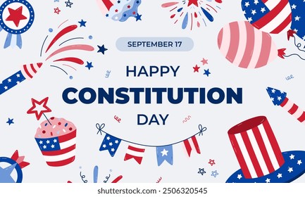 Cute horizontal poster for Happy Constitution Day of USA at 17th of September with cartoon illustrations with symbols of America. Concept for poster, background, greeting card to celebrate US holiday.