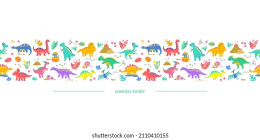 Cute horizontal seamless border with dinosaurs. Vector illustration.