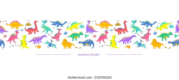 Borde horizontal sin costuras con dinosaurios. Ilustración vectorial.