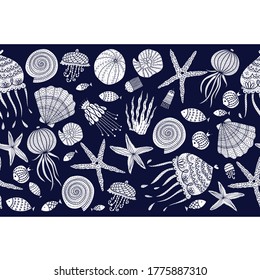  Cute horizontal seamless border with jellyfish, shells, fish, starfish and algae.