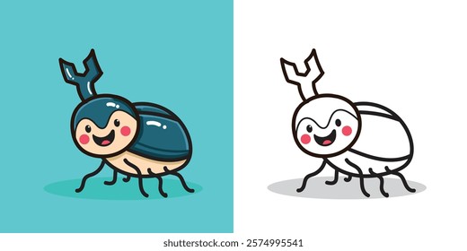 A cute horn beetle cartoon illustration for a sticker, design element, or coloring book element