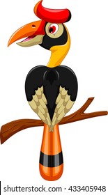 cute horn bill cartoon sitting on the branch