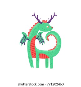 Cute horned baby dragon character, mythical animal, fantasy reptile vector Illustration