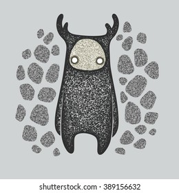 Cute horned creature and stones, vector illustration