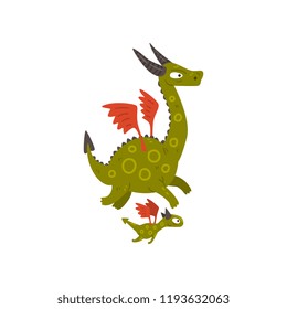 Cute horned mature dragon with wings and baby dragon, mother and her child, family of mythical animals cartoon characters vector Illustration on a white background