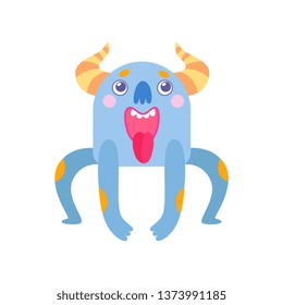 Cute Horned Monster with Open Mouth and Sticking Out Tongue, Funny Alien Cartoon Character Fantastic Creature Vector Illustration