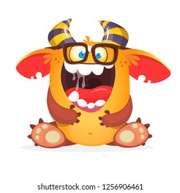 Cute horned monster talking speech. Halloween  vector illustration.