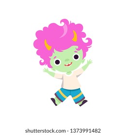 Cute Horned Troll Boy, Adorable Fantasy Creature Character with Pink Hair Vector Illustration