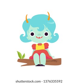 Cute Horned Troll Girl, Happy Adorable Fantasy Creature Character with Light Blue Hair Vector Illustration