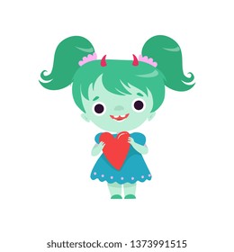 Cute Horned Troll Girl, Lovely Smiling Fantasy Creature Character with Green Hair Vector Illustration