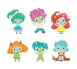 Cute Horned Trolls Boys And Girls As Adorable Smiling Fantasy Creatures Vector Set