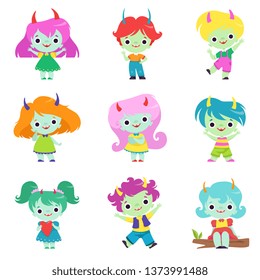 Cute Horned Trolls Boys and Girls Set, Adorable Smiling Fantasy Creatures Characters with Colored Hair Vector Illustration