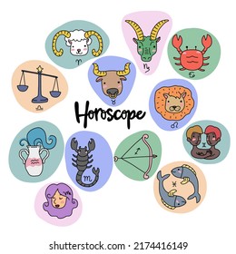 Cute Horoskop zodiac Set Cartoon Vektorgrafik Doodstyle