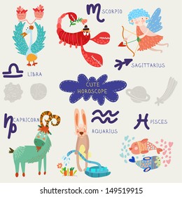 Cute horoscope. Zodiac  set. Libra,scorpio,sagittarius, capricorn, aquarius, pisces