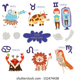 Cute horoscope. Zodiac set.Aries, taurus, gemini,cancer,leo,v irgo