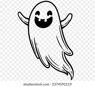 Cute and horrible ghost with  hand drawn  isolated on  transparent PNG background. Element for Halloween silhouettes.Vector illustration.