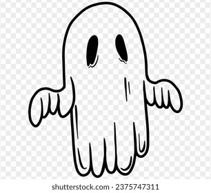 Cute and horrible ghost with  hand drawn  isolated on  transparent PNG background. Element for Halloween silhouettes.Vector illustration.