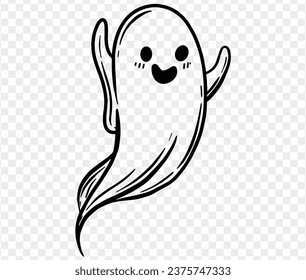 Cute and horrible ghost with  hand drawn  isolated on  transparent PNG background. Element for Halloween silhouettes.Vector illustration.