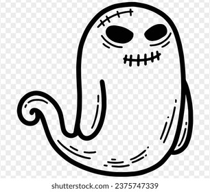 Cute and horrible ghost with  hand drawn  isolated on  transparent PNG background. Element for Halloween silhouettes.Vector illustration.