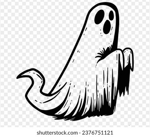 Cute and horrible ghost with  hand drawn  isolated on  transparent PNG background. Element for Halloween silhouettes.Vector illustration.