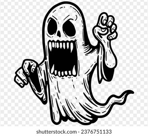 Cute and horrible ghost with  hand drawn  isolated on  transparent PNG background. Element for Halloween silhouettes.Vector illustration.