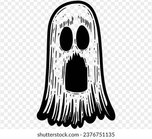 Cute and horrible ghost with  hand drawn  isolated on  transparent PNG background. Element for Halloween silhouettes.Vector illustration.