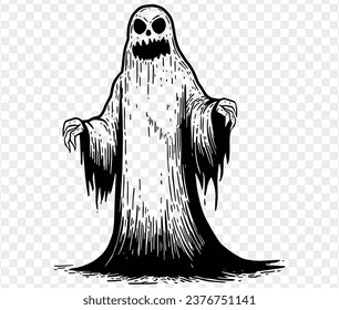 Cute and horrible ghost with  hand drawn  isolated on  transparent PNG background. Element for Halloween silhouettes.Vector illustration.