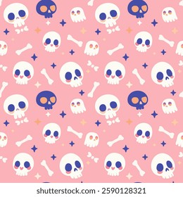 A cute horror seamless pattern featuring cartoon skulls, bones, and spooky ghosts on a pink background. The skulls have big round eyes and playful expressions, some with small crossbones underneath.