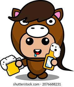 cute horse animal costume mascot cartoon character vector with beer bottle