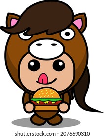 cute horse animal costume mascot cartoon character vector eating burger