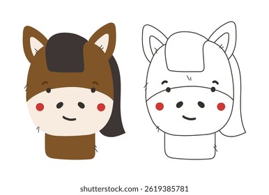 Animais de cavalo bonitos isolados, coloração animal de fazenda bonito, ilustração de crianças, desenho animado