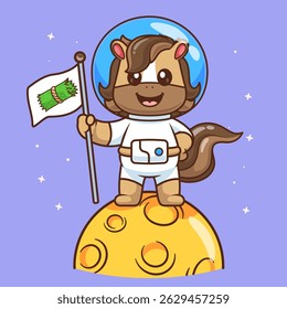 Cute Horse Astronaut Holding Grass Flag On Moon Cartoon Vector Icon Illustration. Animal Science Icon Concept Isolated Premium Vector. Flat Cartoon Style
