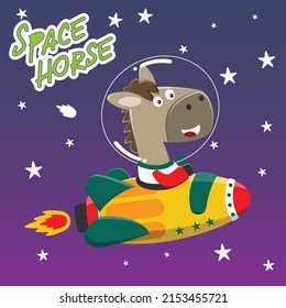 cute horse astronaut play with his rocket. Animal in outer space. Vector hand-drawn color children's illustration background for fabric, textile, nursery wallpaper, poster, card. and other decoration.