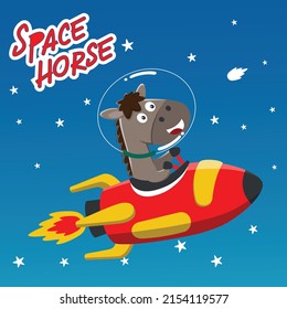 cute horse astronaut play with his rocket. Animal in outer space. Vector hand-drawn color children's illustration background for fabric, textile, nursery wallpaper, poster, card. and other decoration.