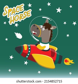 cute horse astronaut play with his rocket. Animal in outer space. Vector hand-drawn color children's illustration background for fabric, textile, nursery wallpaper, poster, card. and other decoration.