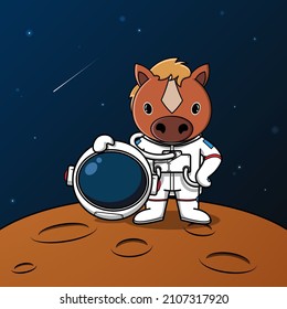 Cute horse astronaut standing on the moon illustration