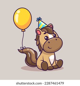 Partida De Cumpleaños De Caballo Con Ilustración De Icono De Vector De Caricatura De Globo. Vector Premium Aislado De Icono De Festividad Animal. Estilo de dibujo plano