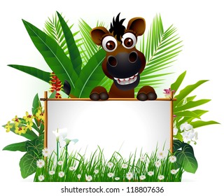 cute horse with blank sign and tropical forest background