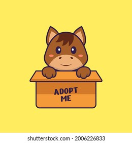 Cute horse in box with a poster Adopt me. Animal cartoon concept isolated. Can used for t-shirt, greeting card, invitation card or mascot.