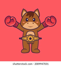 Cute horse in boxer costume with champion belt. Animal cartoon concept isolated. Can used for t-shirt, greeting card, invitation card or mascot.