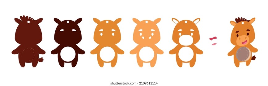 Cute horse candy ornament. Layered paper decoration treat holder for dome. Hanger for sweets, candy for birthday, baby shower, halloween, christmas. Print, cut out, glue. Vector stock illustration