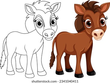 Cute horse cartoon animal and its doodle coloring character illustration