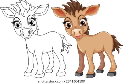 Cute horse cartoon animal and its doodle coloring character illustration