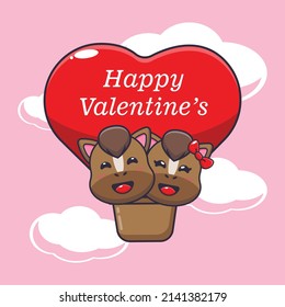 cute horse cartoon character fly with air balloon in valentines day