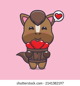 cute horse cartoon character holding love in wood bucket
