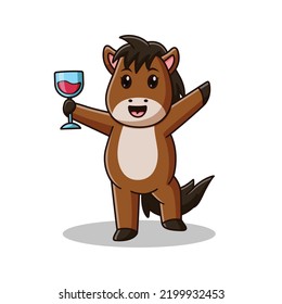 Cute Horse Cartoon Holding a Glass of Drink. Horse Icon Concept. Flat Cartoon Style. Suitable for Web Landing Page, Banner, Flyer, Sticker, Card