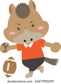 Personagem de cavalo bonito jogando Rugby com Pose de pontapé energético - Ilustração Zodíaco 2026