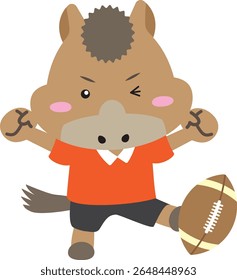 Personagem de cavalo bonito jogando Rugby com Pose de pontapé energético - Ilustração Zodíaco 2026